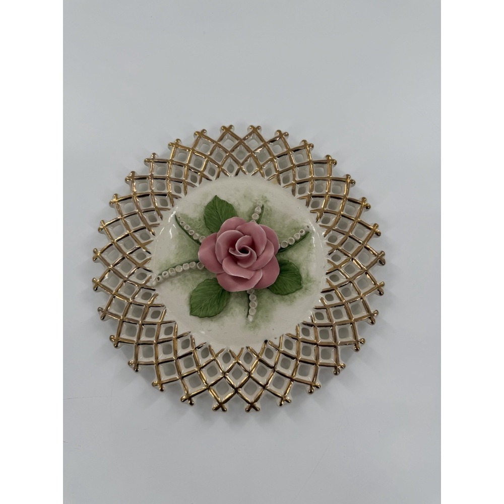 Vintage Porcelain 3D Pink Rose Plate Gold Reticulated Lattice Grandmacore 10"